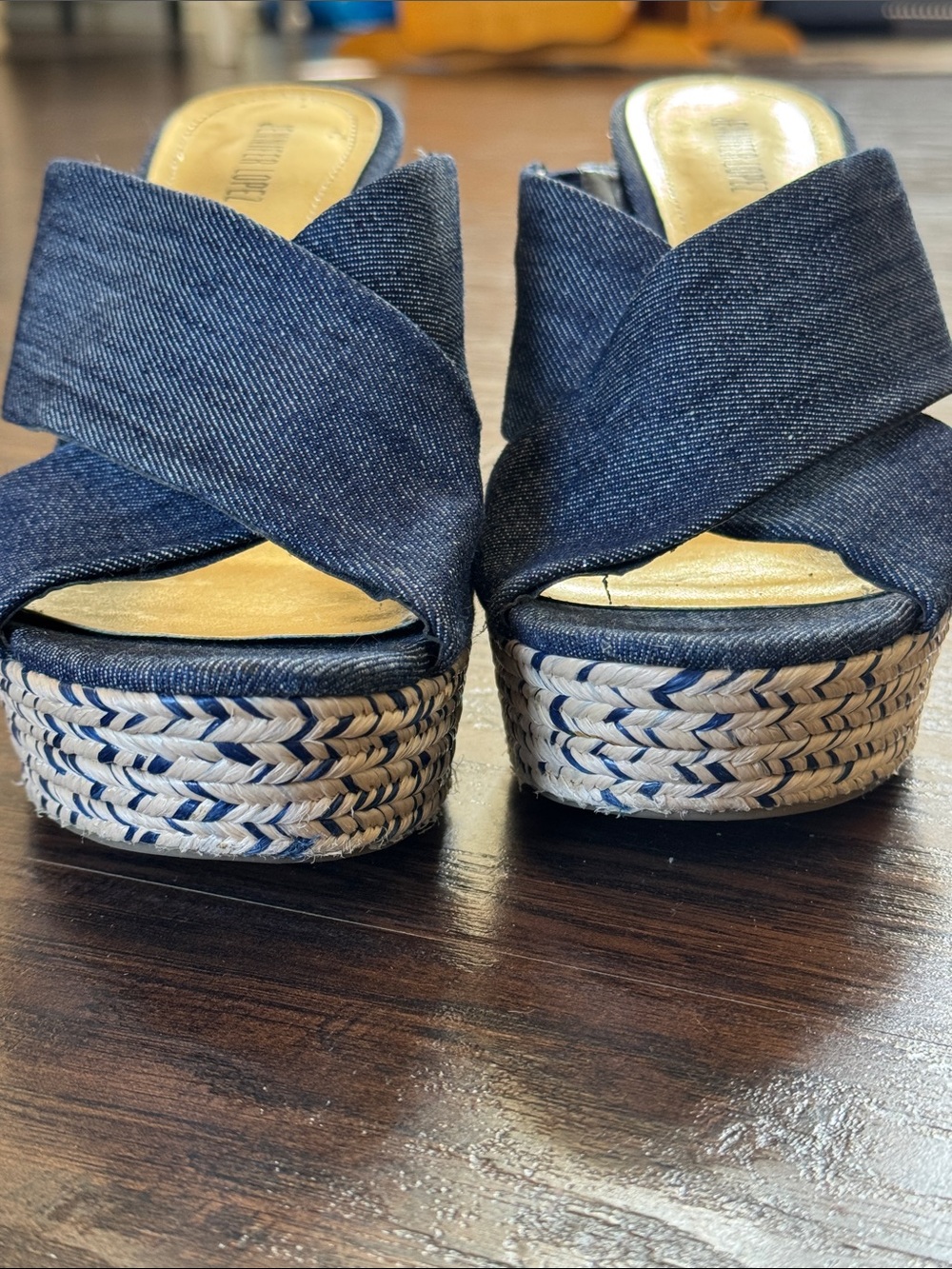 Jennifer Lopez Navy Denim Crisscross Espadrille Wedge Mules - Picture 8 of 10